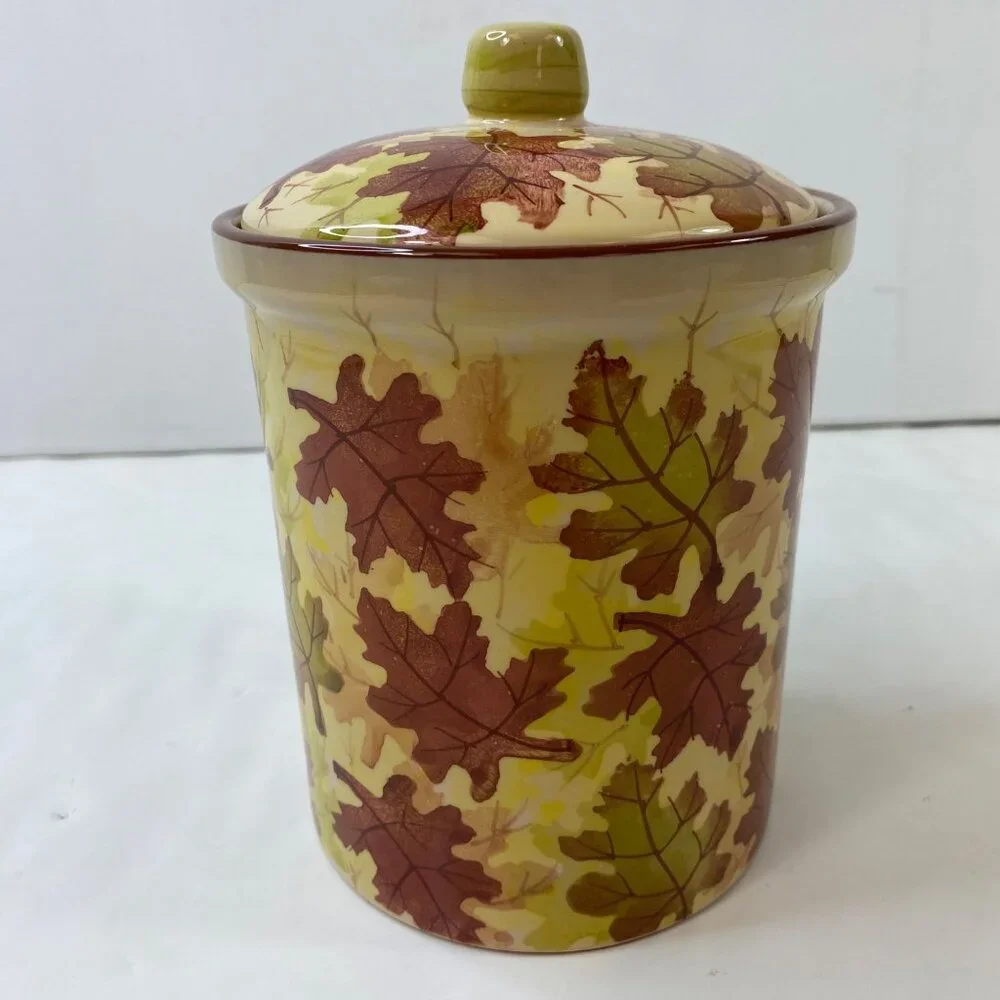 Pier 1 Autumn Ceramic Cookie Jar Yellow Red Brown Leaves Design Kitchen Storage